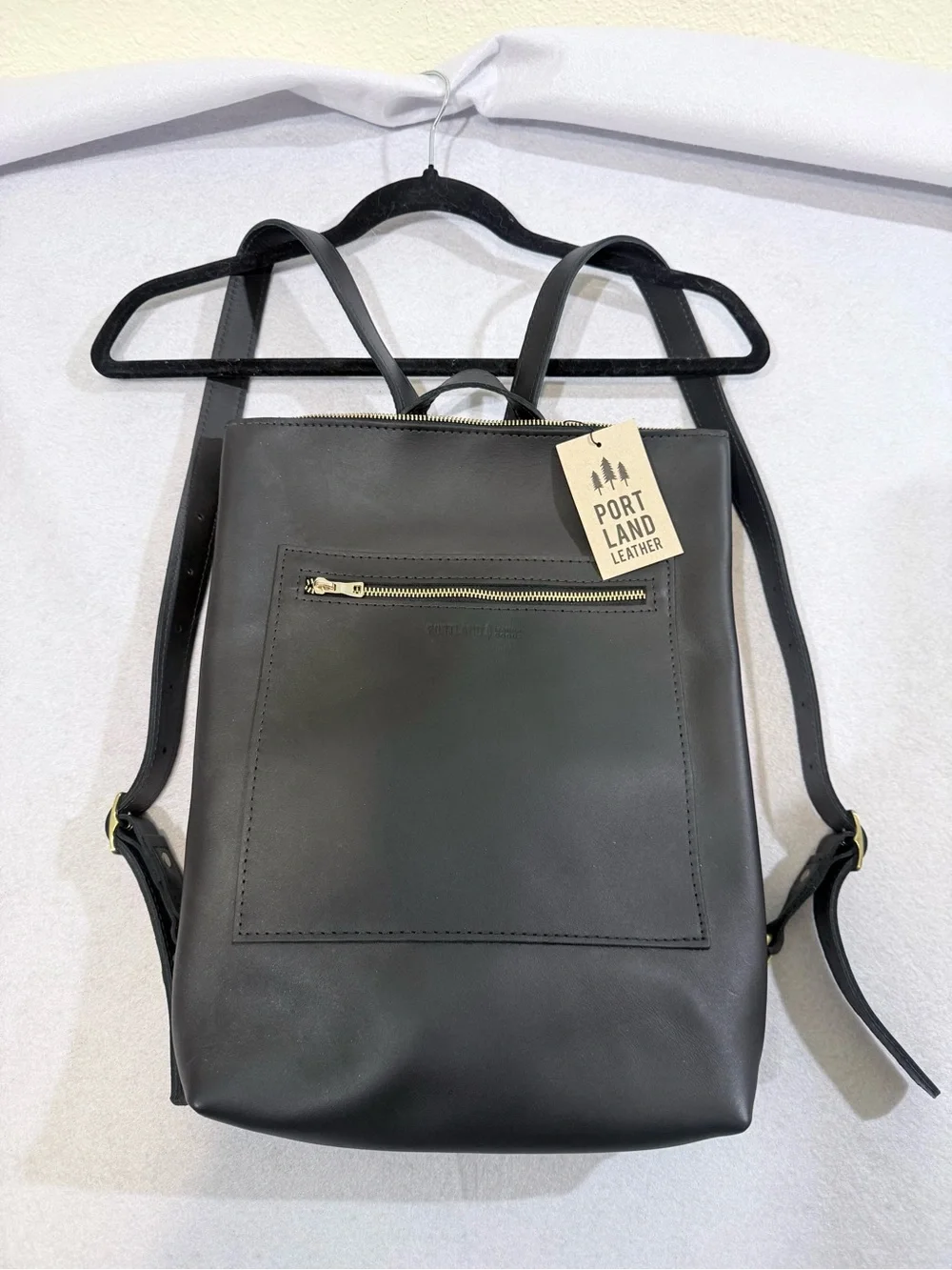 Portland Leather Laptop Backpack Leather Black With Gold Front Zip Pocket